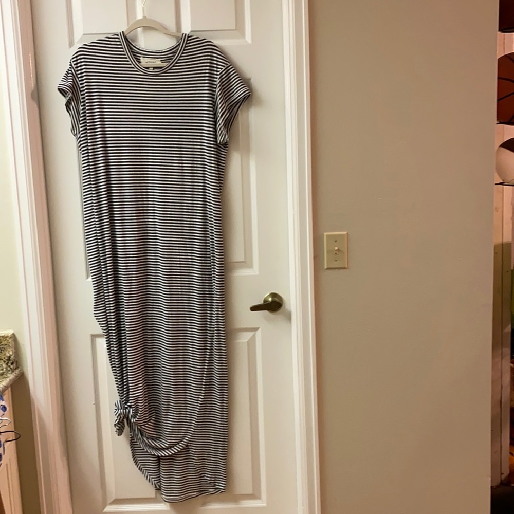 THE GREAT. Black and White Striped Maxi T-Shirt Dress